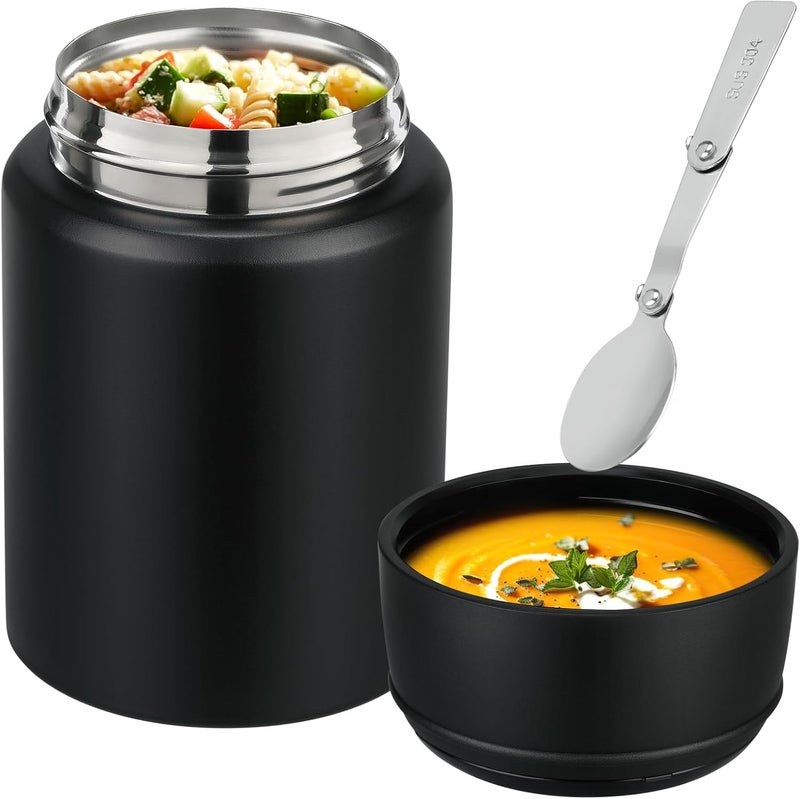Aimsnk 17oz Soup Thermo for Hot Food Kids Insulated Food Jar,Thermo Hot Food Lunch Container, Width Mouth Stainless Steel Lunch Box for Kids with Handle Folding Spoon(Black-Pure) - Image 2